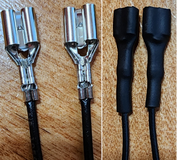 Add 6.3mm blade connectors with heatshrink added to harness for easy installation